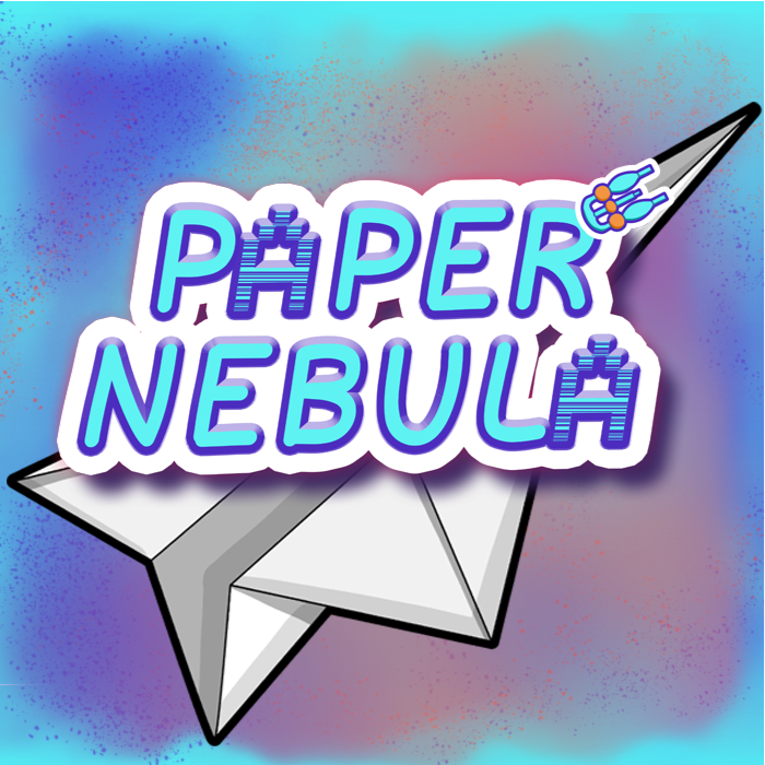 Paper Nebula Landing image, colourful illustration of nebula with black paper plane.